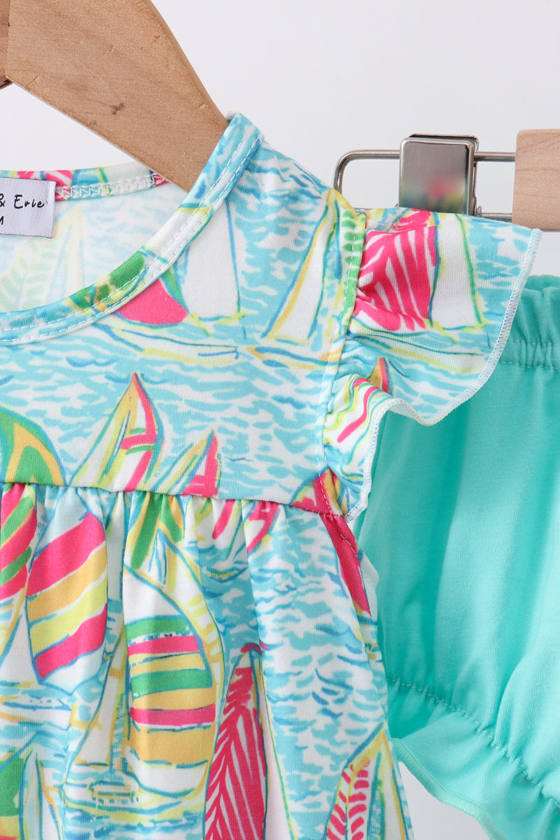 Sailboat print ruffle bloomer set