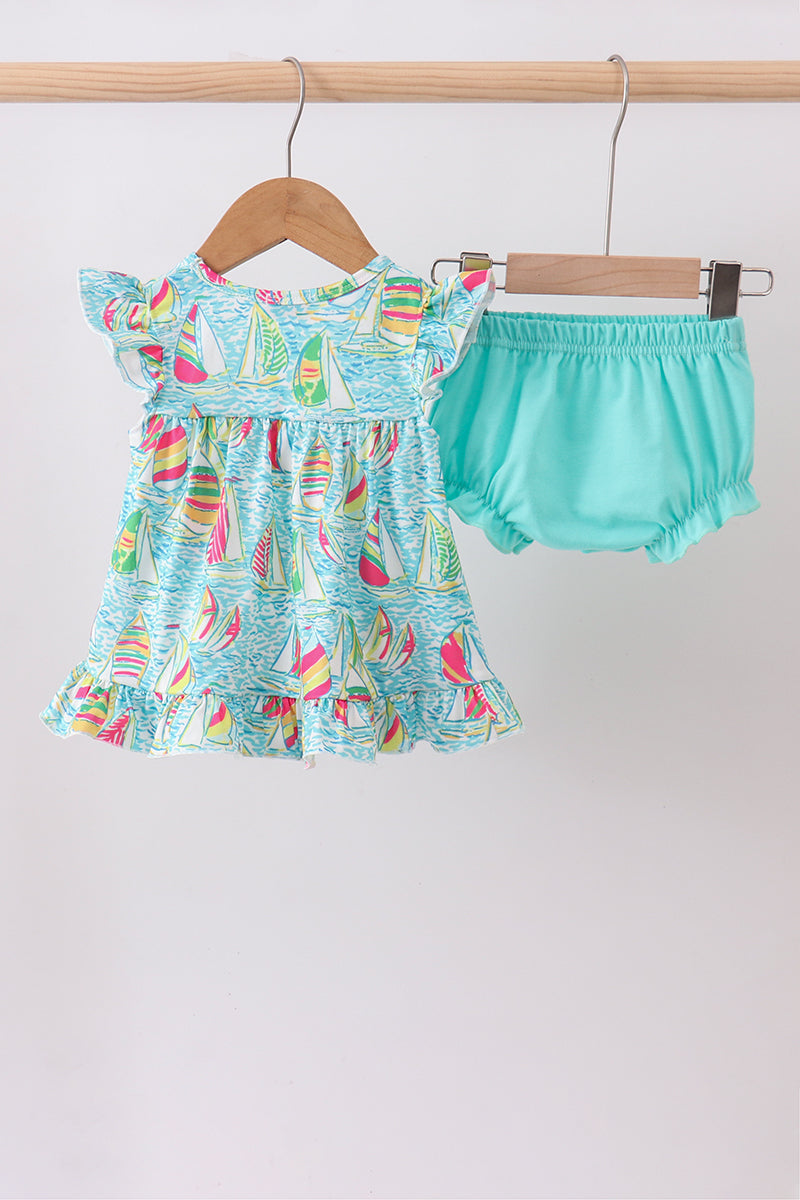 Sailboat print ruffle bloomer set