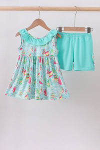 Sailboat print ruffle shorts set