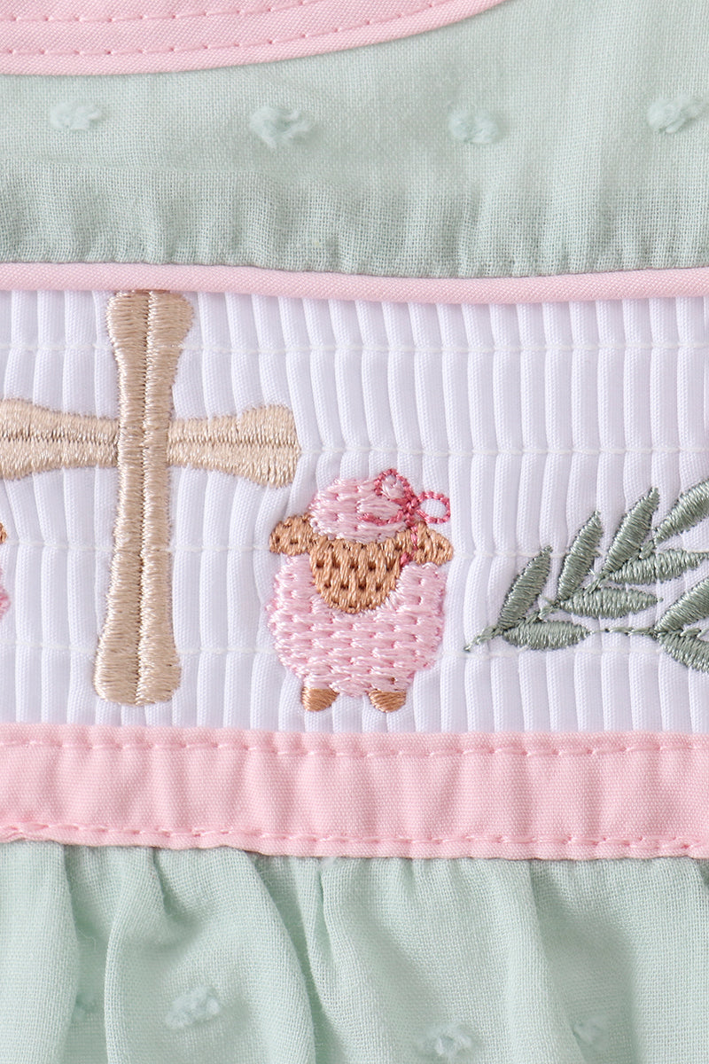 Green swiss dot cross sheep ruffle bloomer set