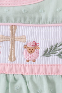 Green swiss dot cross sheep ruffle bloomer set