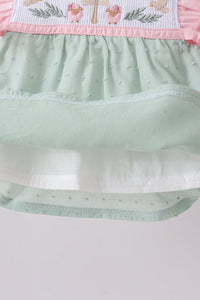 Green swiss dot cross sheep ruffle bloomer set