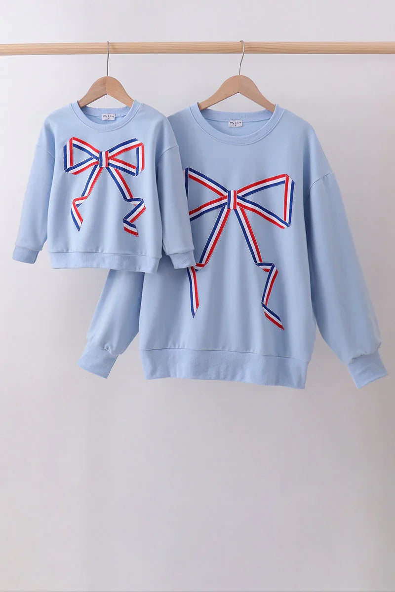 Blue Patriotic hand-sewn bow mom&me sweatshirt - Essential Southern Charm
