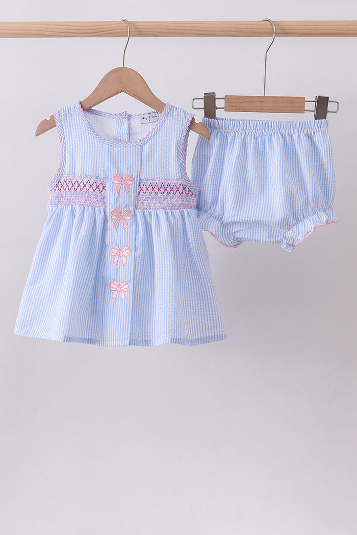 Seersucker bow smocked bloomer set