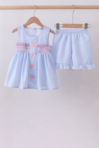 Seersucker bow smocked ruffle shorts set