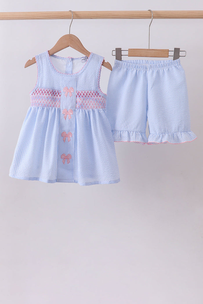 Seersucker bow smocked ruffle shorts set