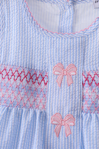 Seersucker bow smocked ruffle shorts set