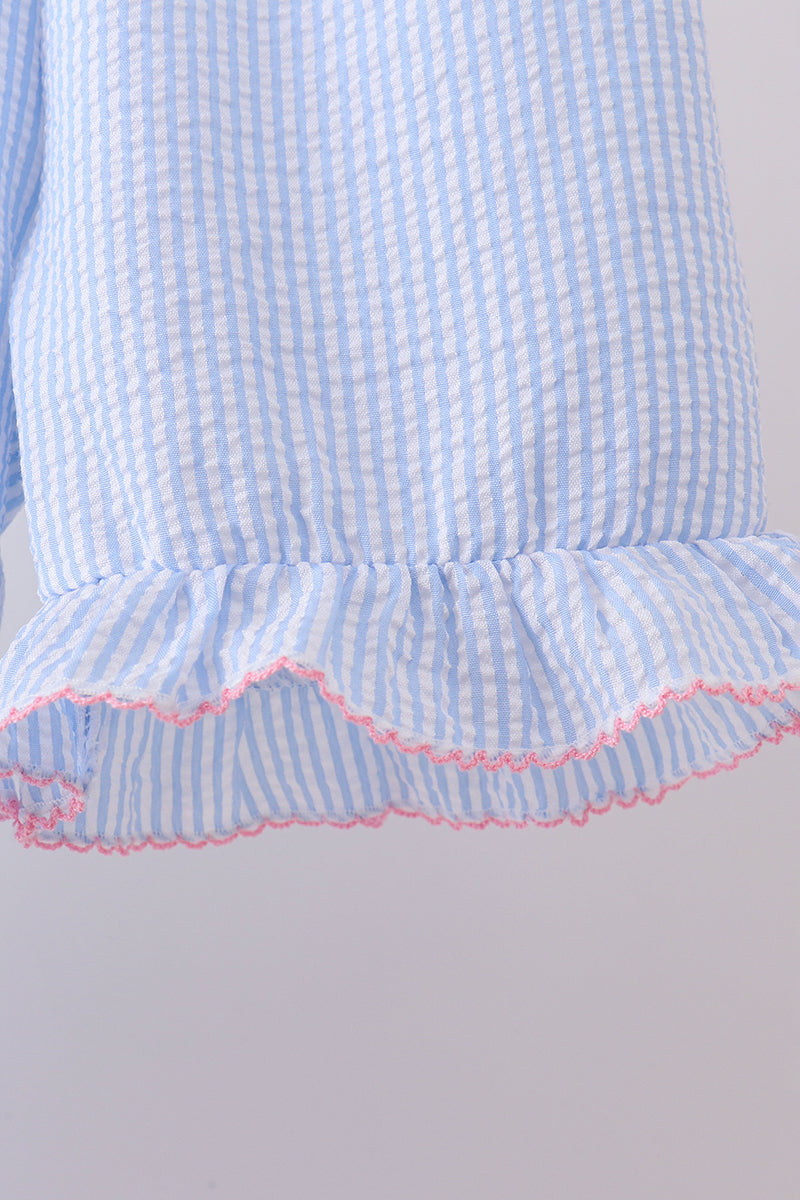 Seersucker bow smocked ruffle shorts set