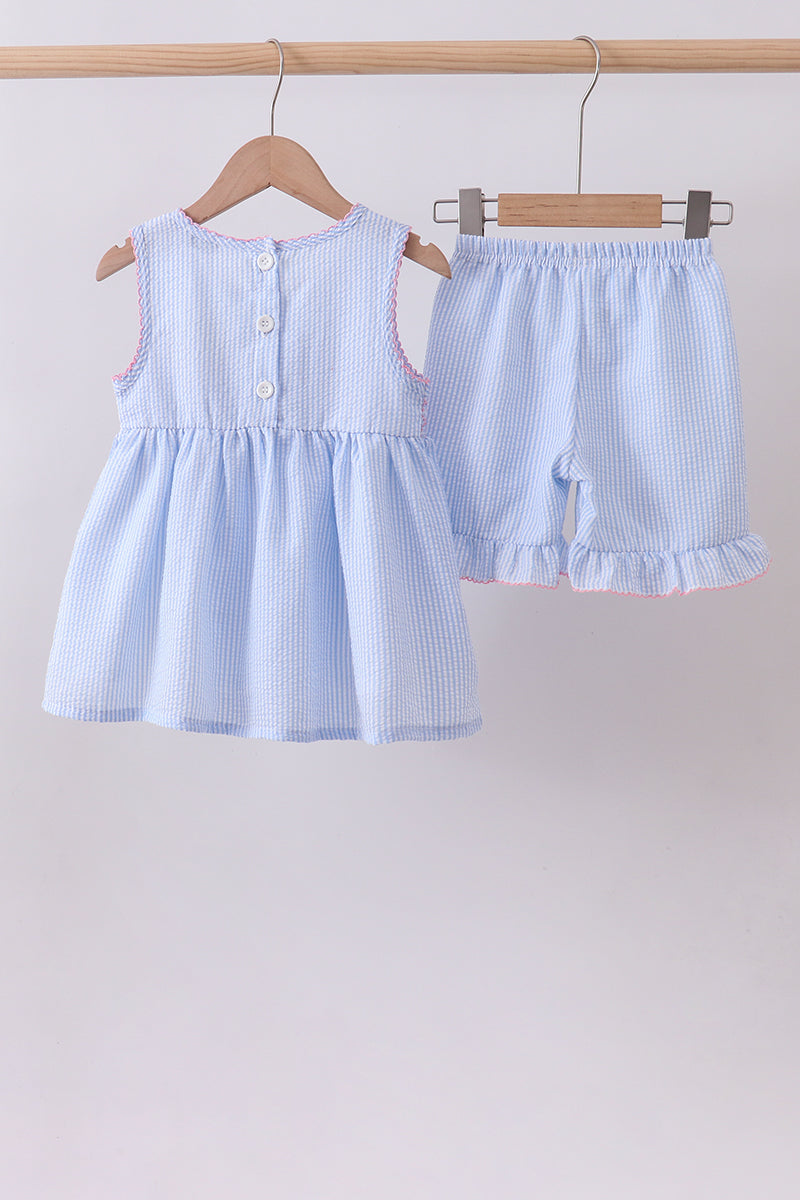 Seersucker bow smocked ruffle shorts set
