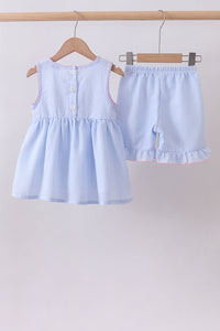 Seersucker bow smocked ruffle shorts set