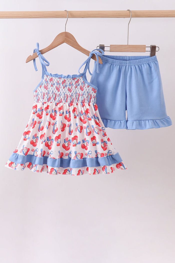 Cherry smocked ruffle shorts set