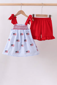 Flag embroidery seersucker ruffle shorts set