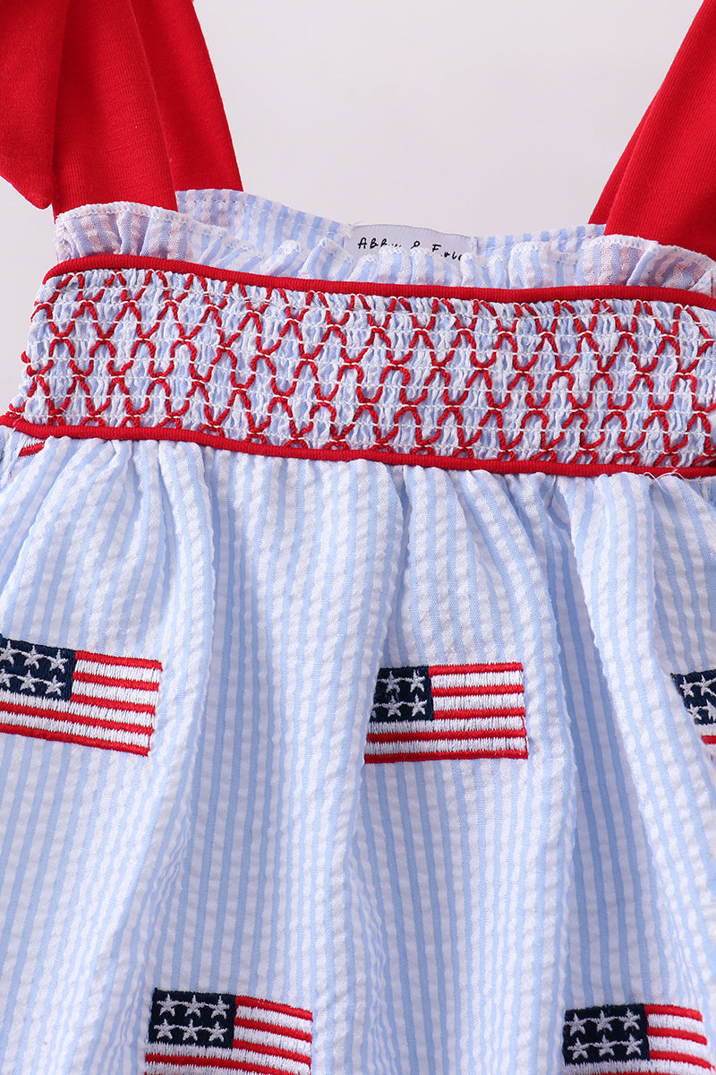 Flag embroidery seersucker ruffle shorts set