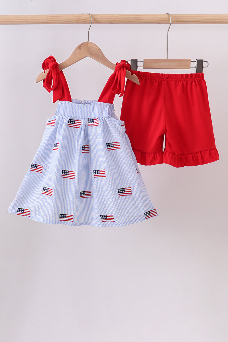 Flag embroidery seersucker ruffle shorts set