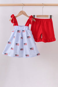 Flag embroidery seersucker ruffle shorts set