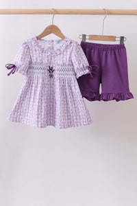 Lavender floral smocked ruffle shorts set