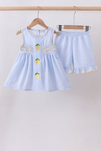 Lemon embroidery seersucker ruffle shorts set