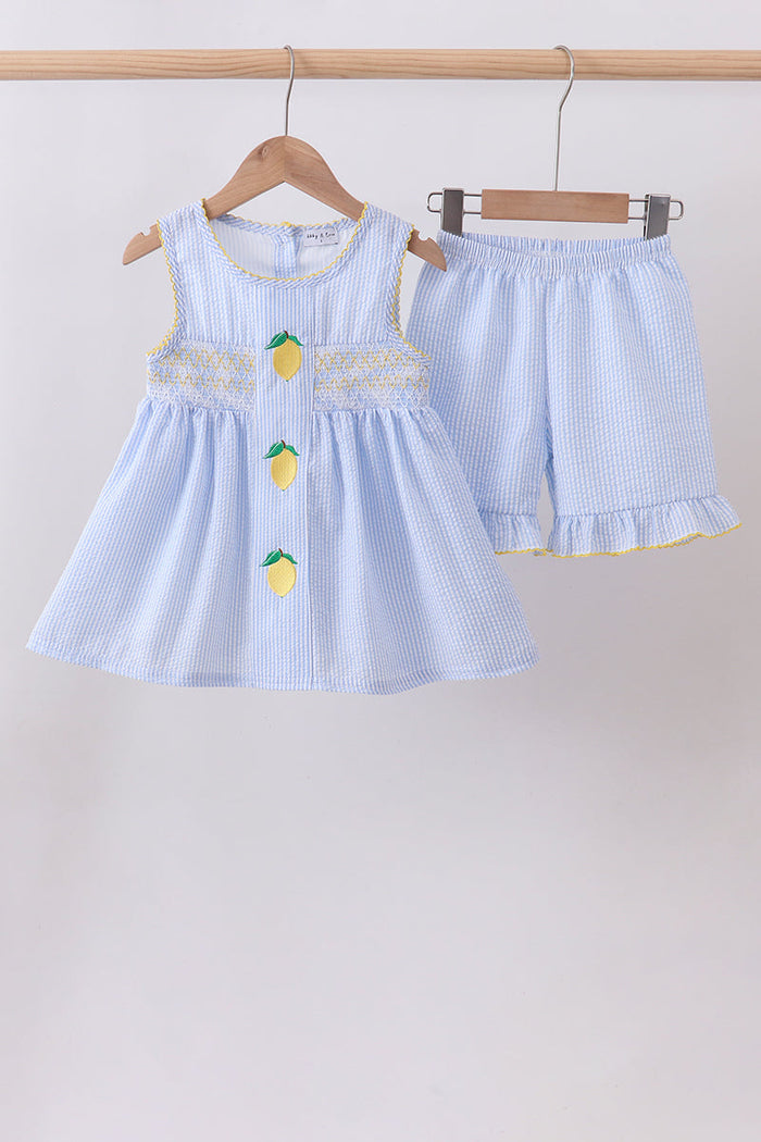 Lemon embroidery seersucker ruffle shorts set