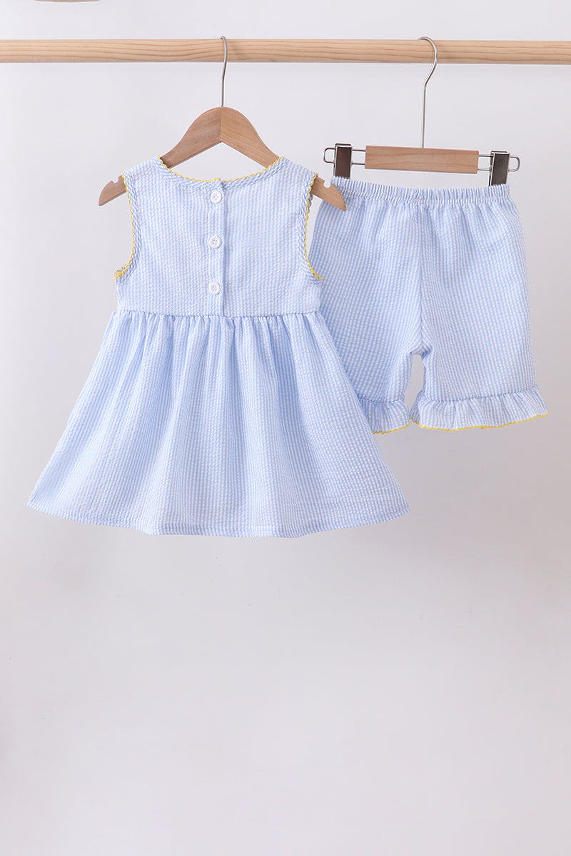 Lemon embroidery seersucker ruffle shorts set