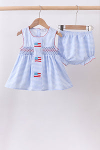 Flag smocked woven gingham bloomer set