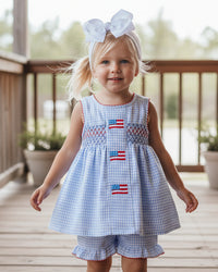 Flag smocked woven gingham ruffle shorts set