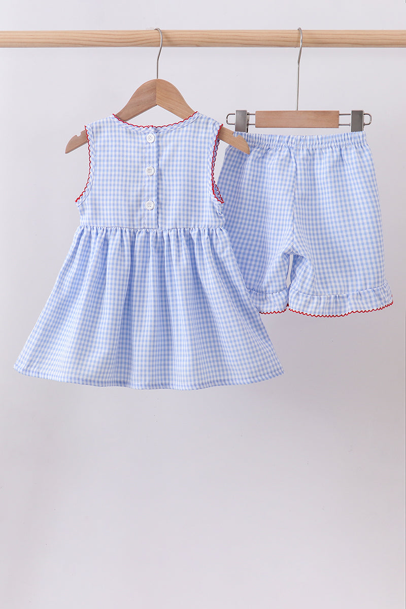 Flag smocked woven gingham ruffle shorts set