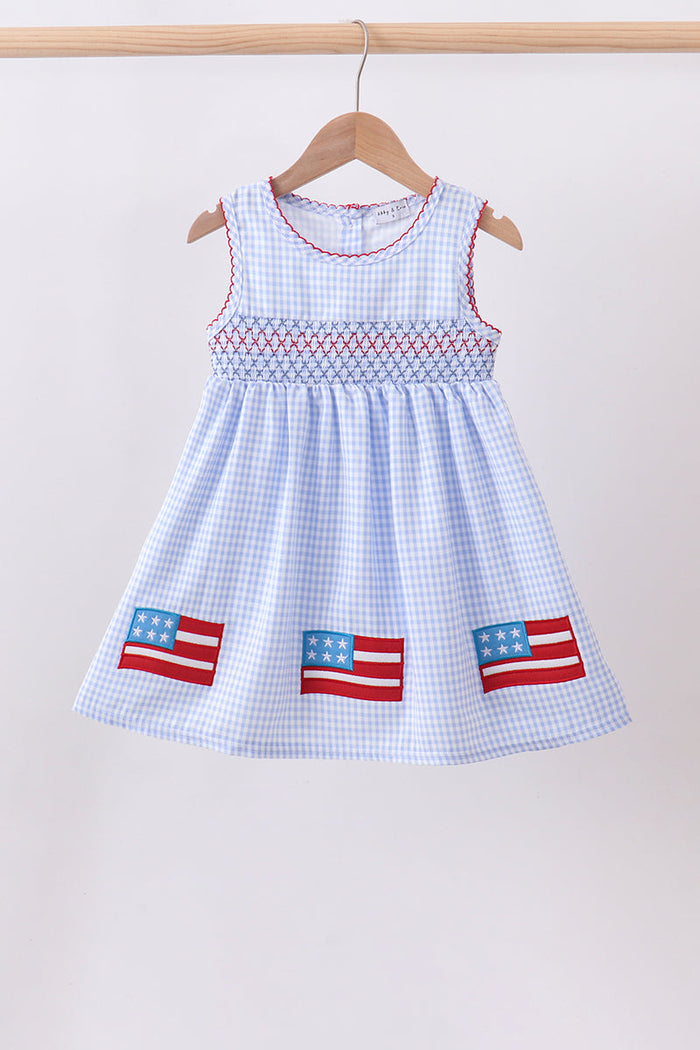 Flag smocked woven gingham dress