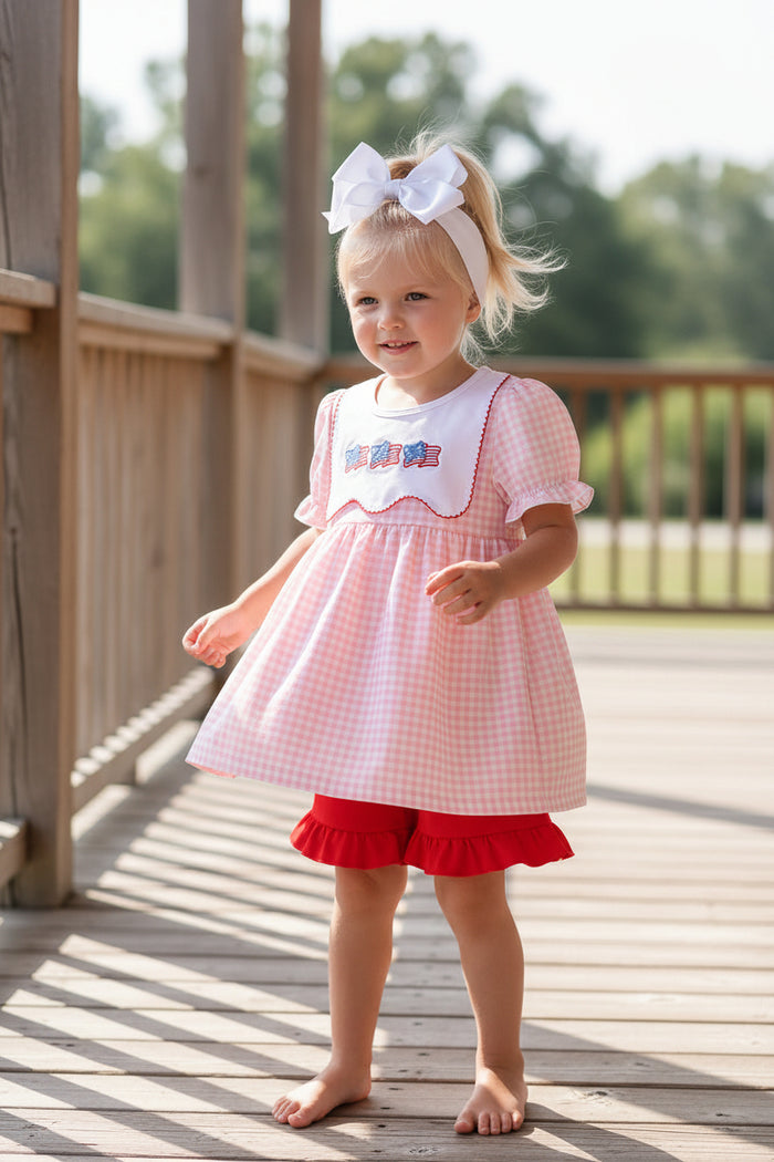 Flag embroidery gingham ruffle shorts set