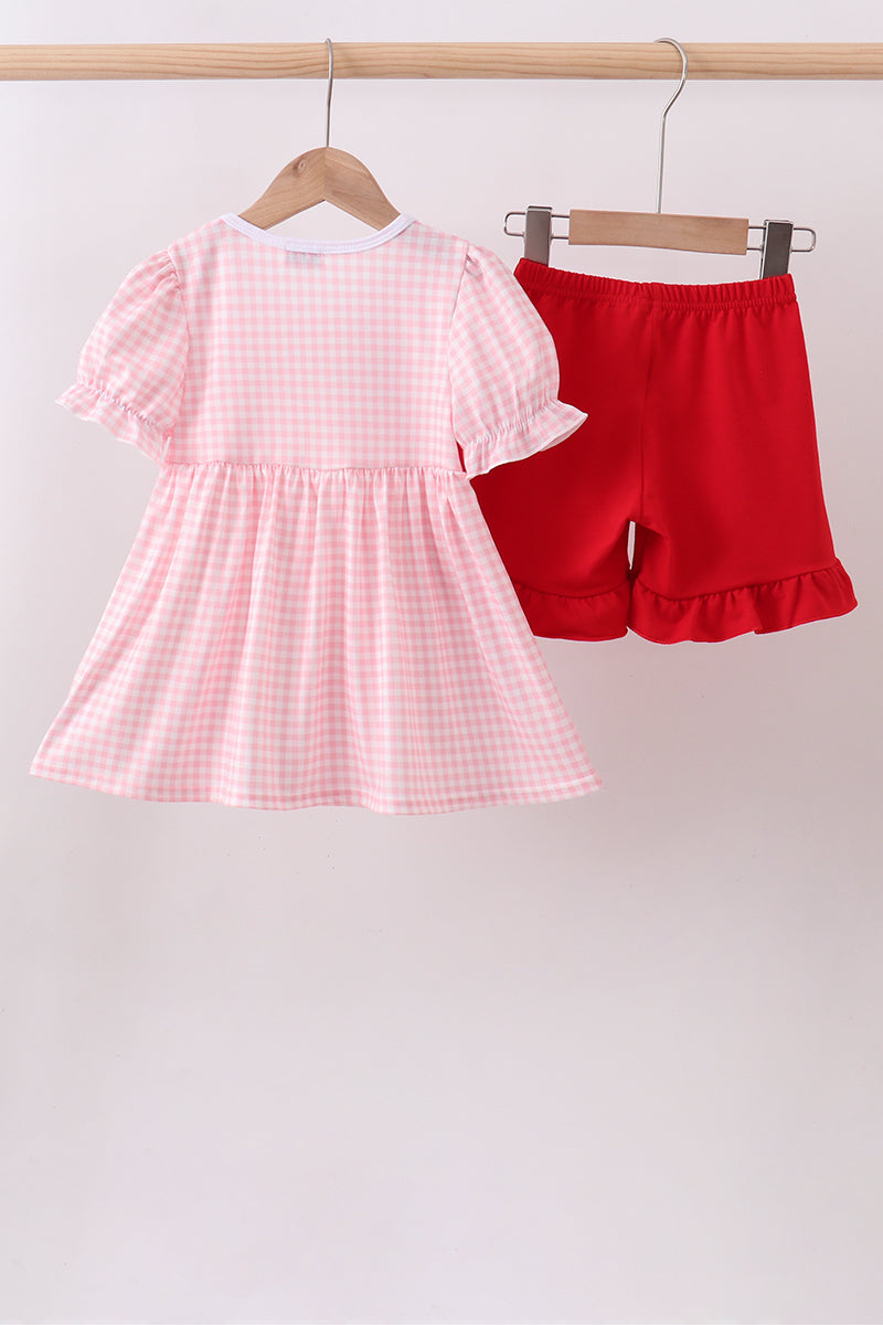 Flag embroidery gingham ruffle shorts set