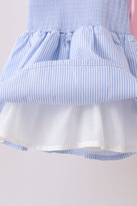 Blue Stripe Bow Smocked Ruffle Shorts Set