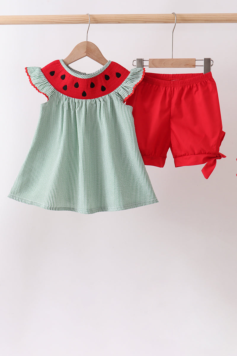 Watermelon Stripe Smocked Embroidered Seersucker Set
