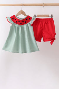 Watermelon Stripe Smocked Embroidered Seersucker Set