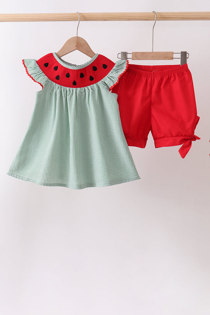 Watermelon Stripe Smocked Embroidered Seersucker Set
