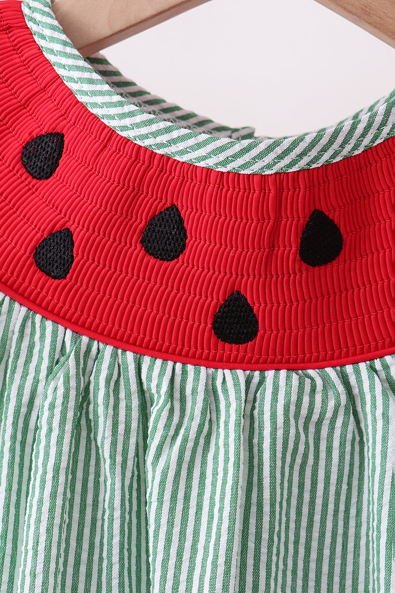 Watermelon Stripe Smocked Embroidered Seersucker Set