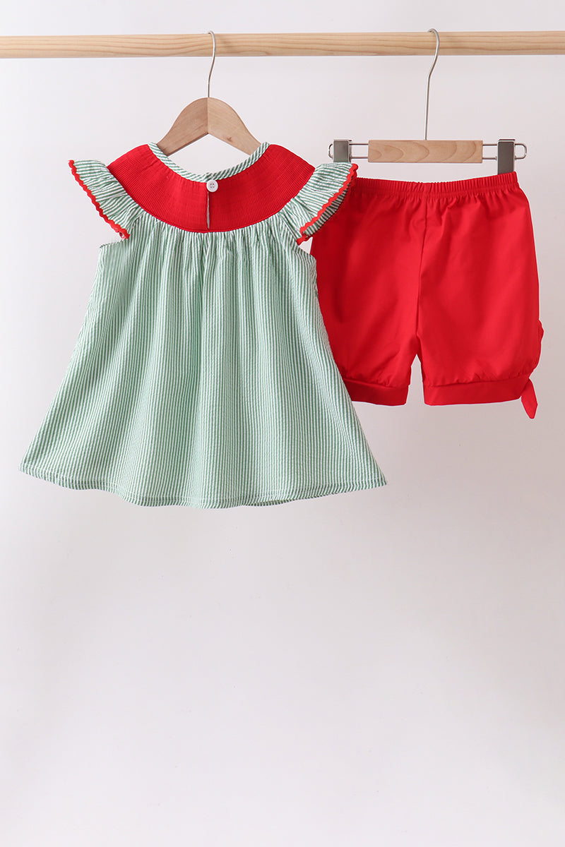 Watermelon Stripe Smocked Embroidered Seersucker Set