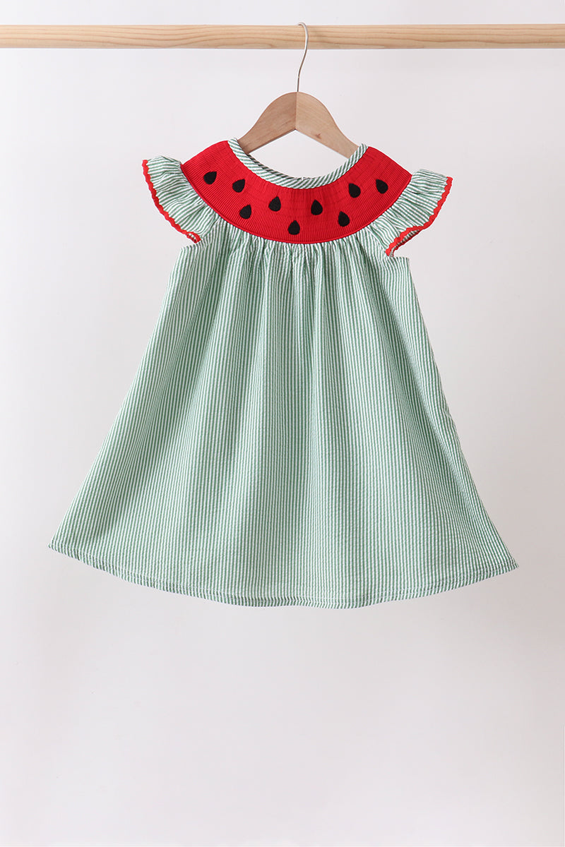 Watermelon Stripe Smocked Embroidered Seersucker Dress