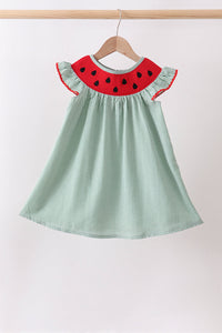 Watermelon Stripe Smocked Embroidered Seersucker Dress