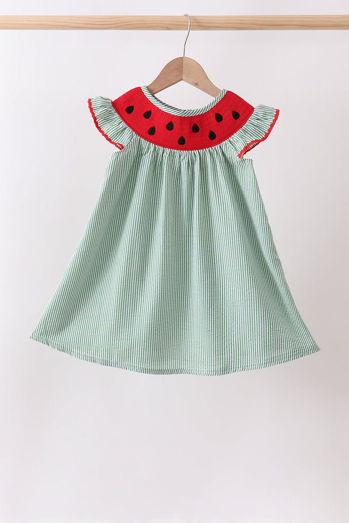 Watermelon Stripe Smocked Embroidered Seersucker Dress