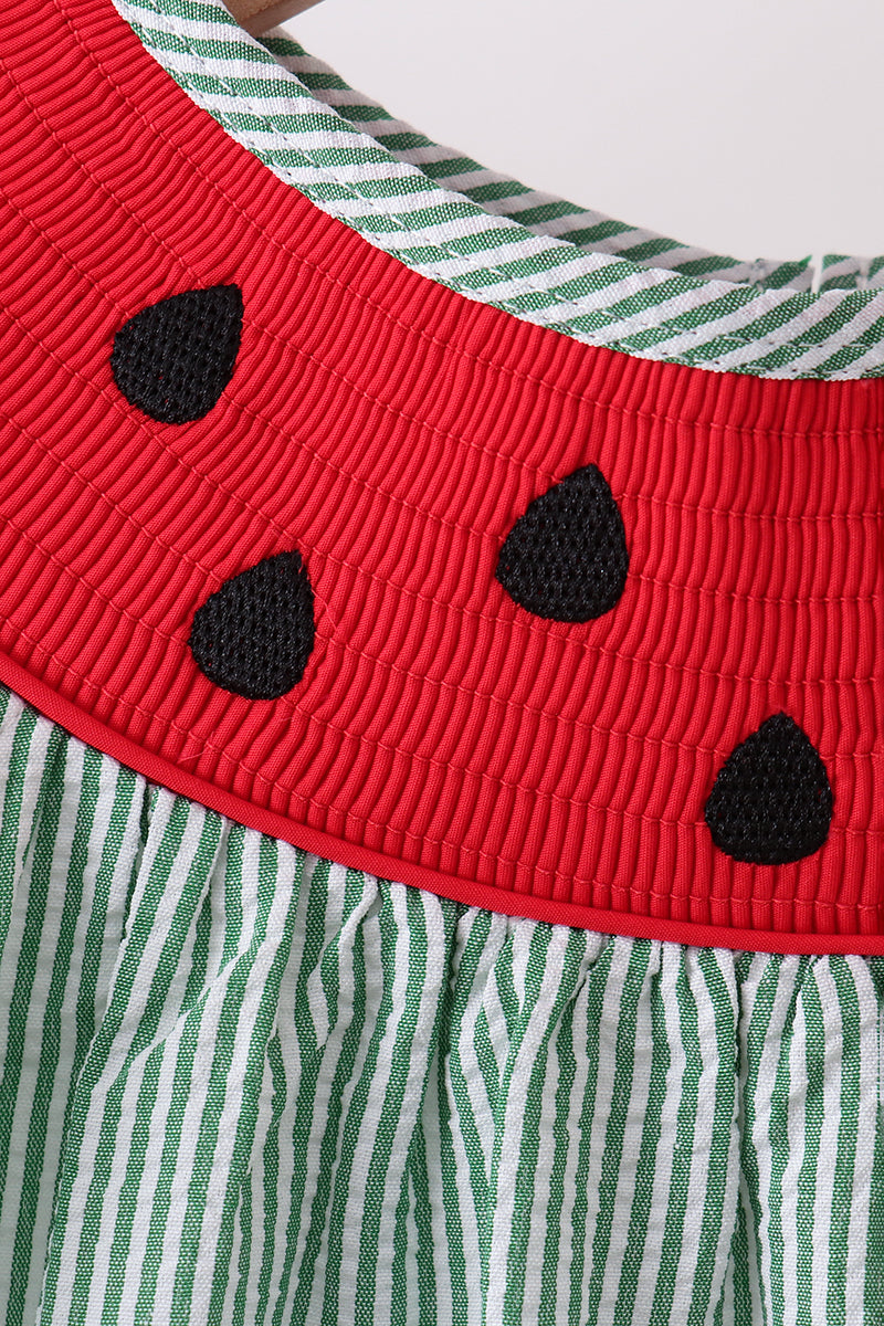 Watermelon Stripe Smocked Embroidered Seersucker Dress