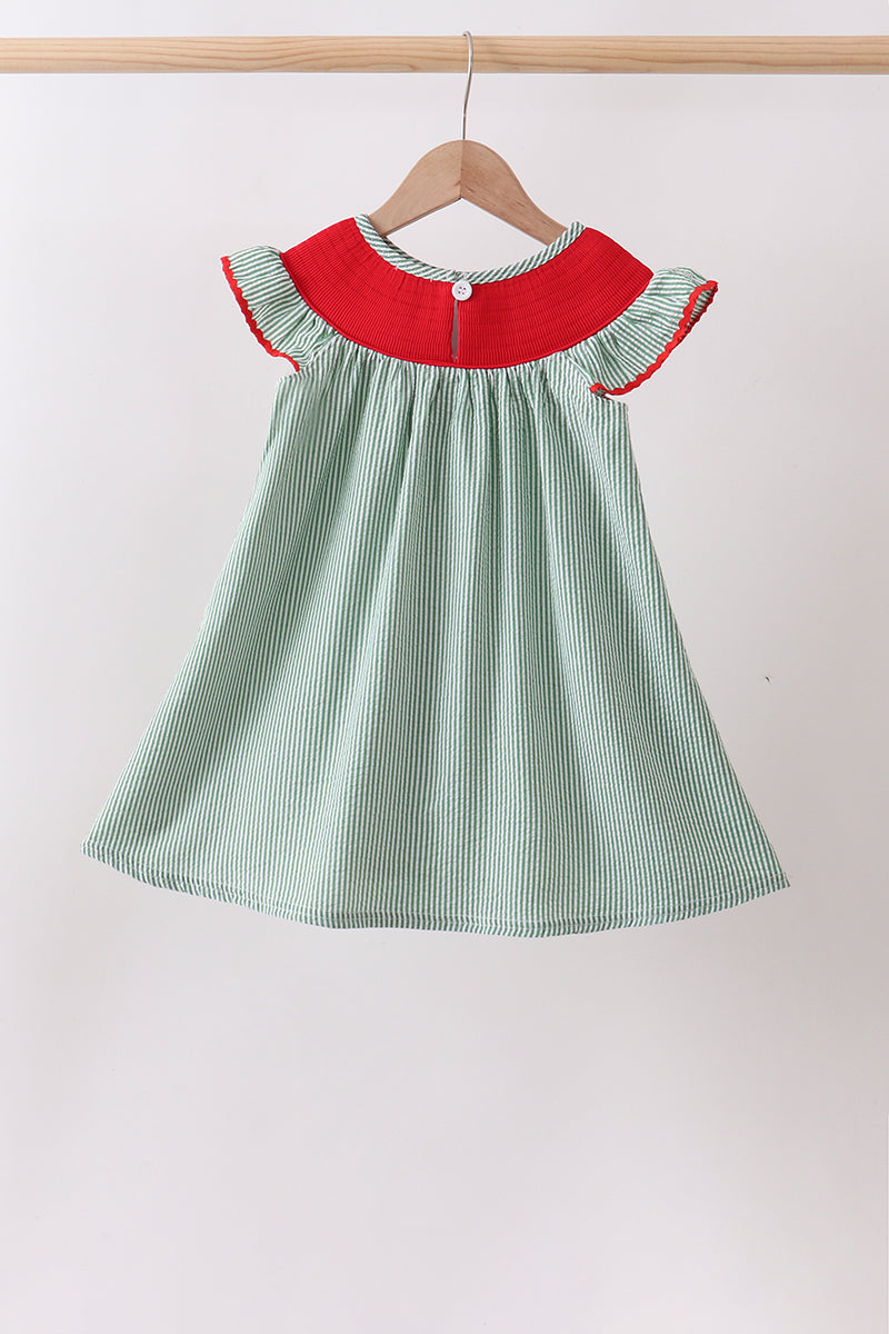 Watermelon Stripe Smocked Embroidered Seersucker Dress