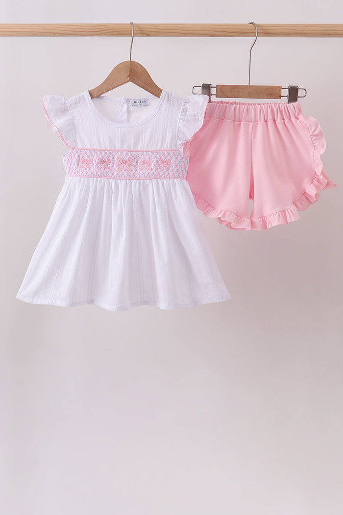 Bow Smocked Jacquard Ruffle Shorts Set