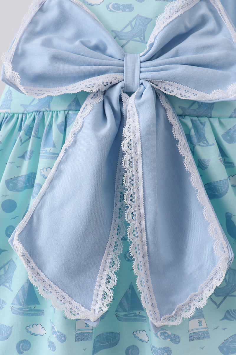 Beach print bow ruffle shorts set