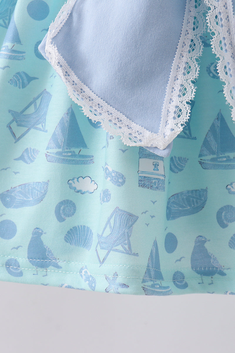 Beach print bow ruffle shorts set
