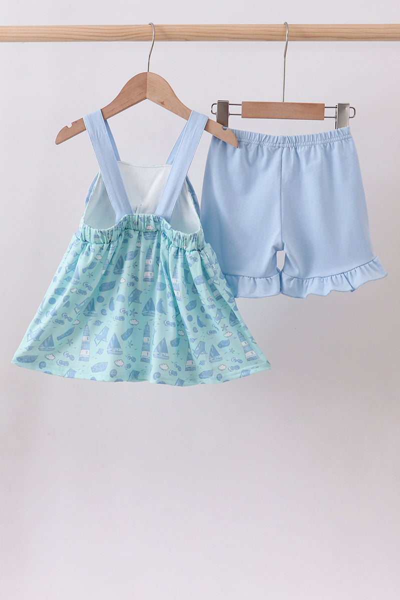 Beach print bow ruffle shorts set