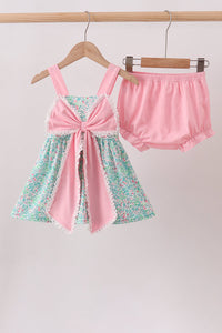 Pink Bow Floral Knit Bloomer Set