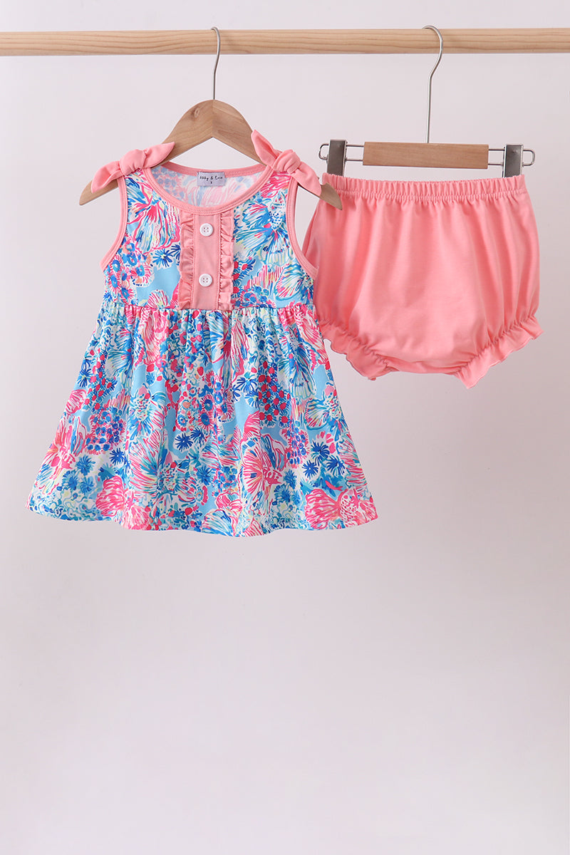 Tropical floral print ruffle bow bloomer set