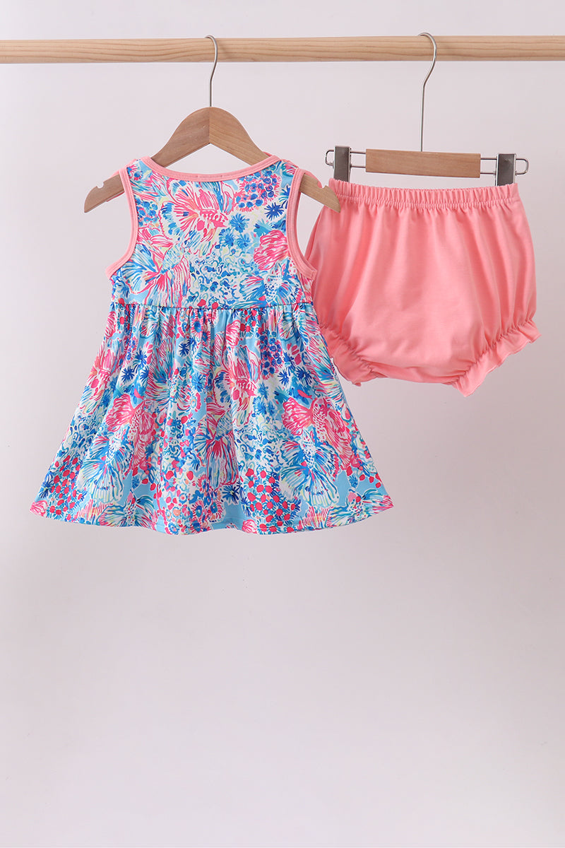 Tropical floral print ruffle bow bloomer set