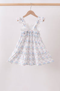 Blue Floral Knit Ruffle Dress