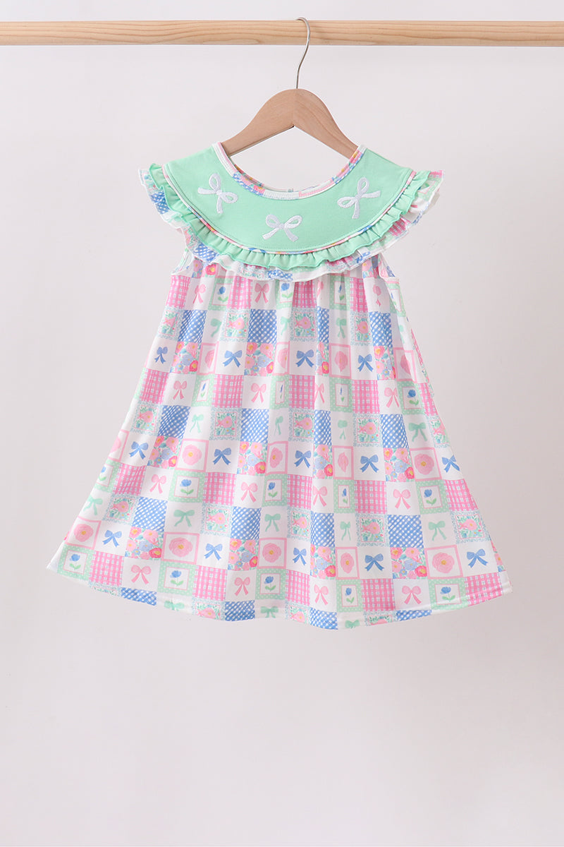 Bow Embroidered Checkered Dress