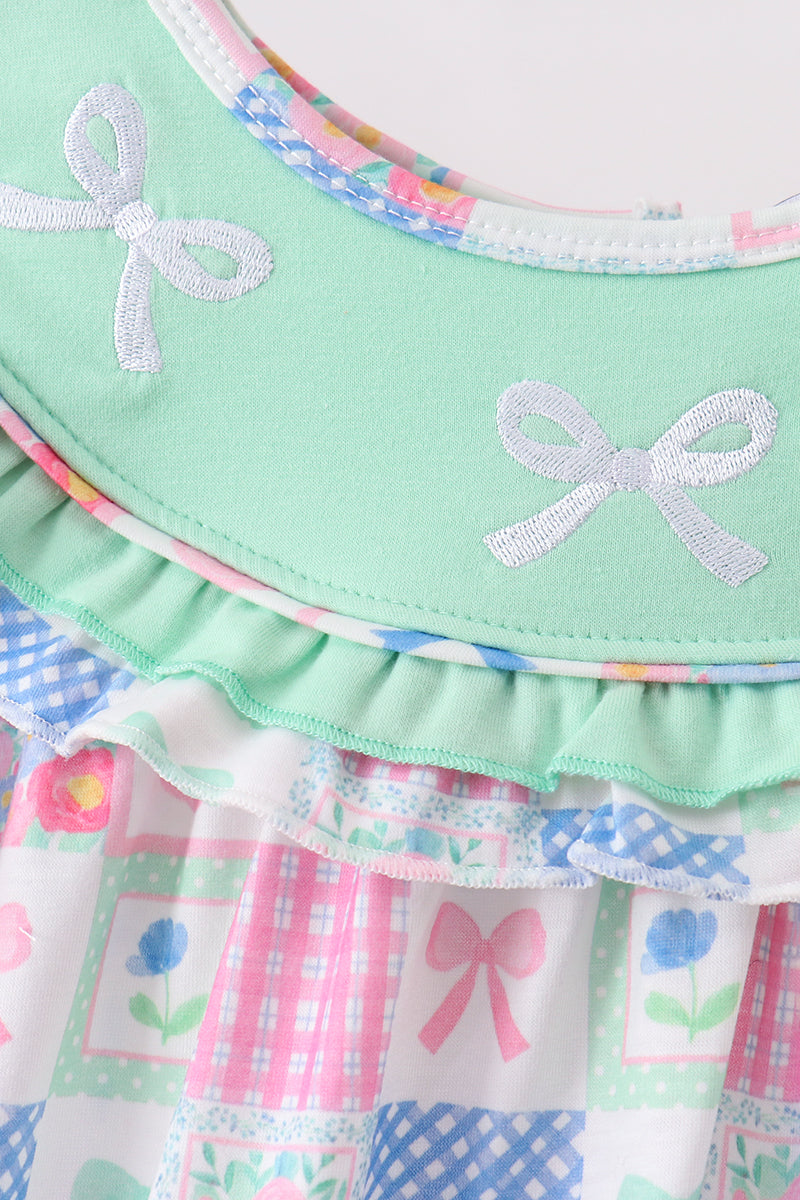 Bow Embroidered Checkered Dress